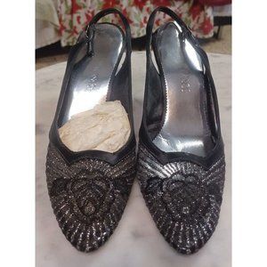 Vintage Socialites 3" Heels 9.5 M Black Slingback Mesh with Silver Glitter